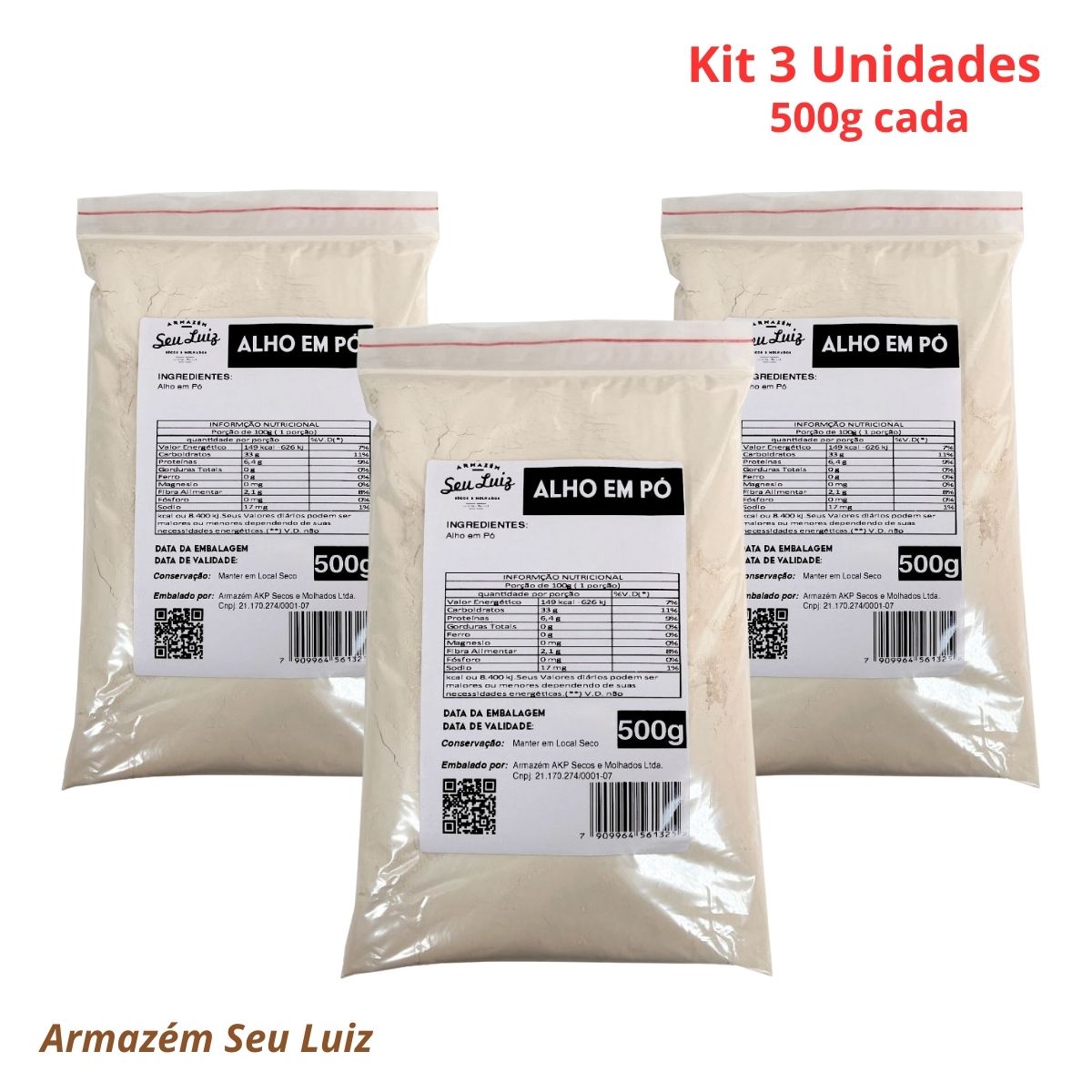 Kit com 3 Alho em Pó de 500g Puro Importado Armazém Seu Luiz