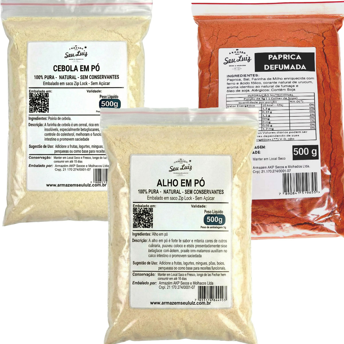Kit Temperos Essenciais 3x500g | Alho, Cebola e Páprica Defumada | Armazém Seu Luiz