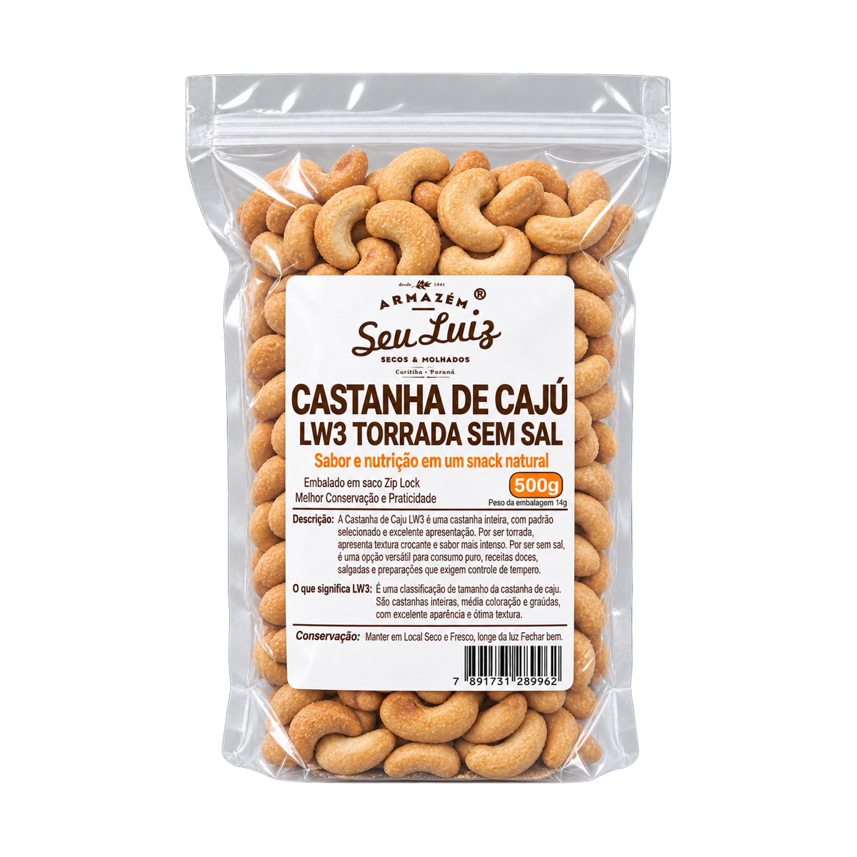 Castanha de Caju Torrada e Sem Sal LW3 500g  | Seu Luiz